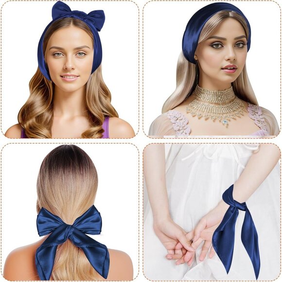 Women Navy Blue Chiffon Square Ribbon Neck Scarf Satin Handkerchief Halloween - Picture 4 of 7
